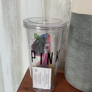 Pink Logo Clear Tumbler with Straw and Sunglasses
